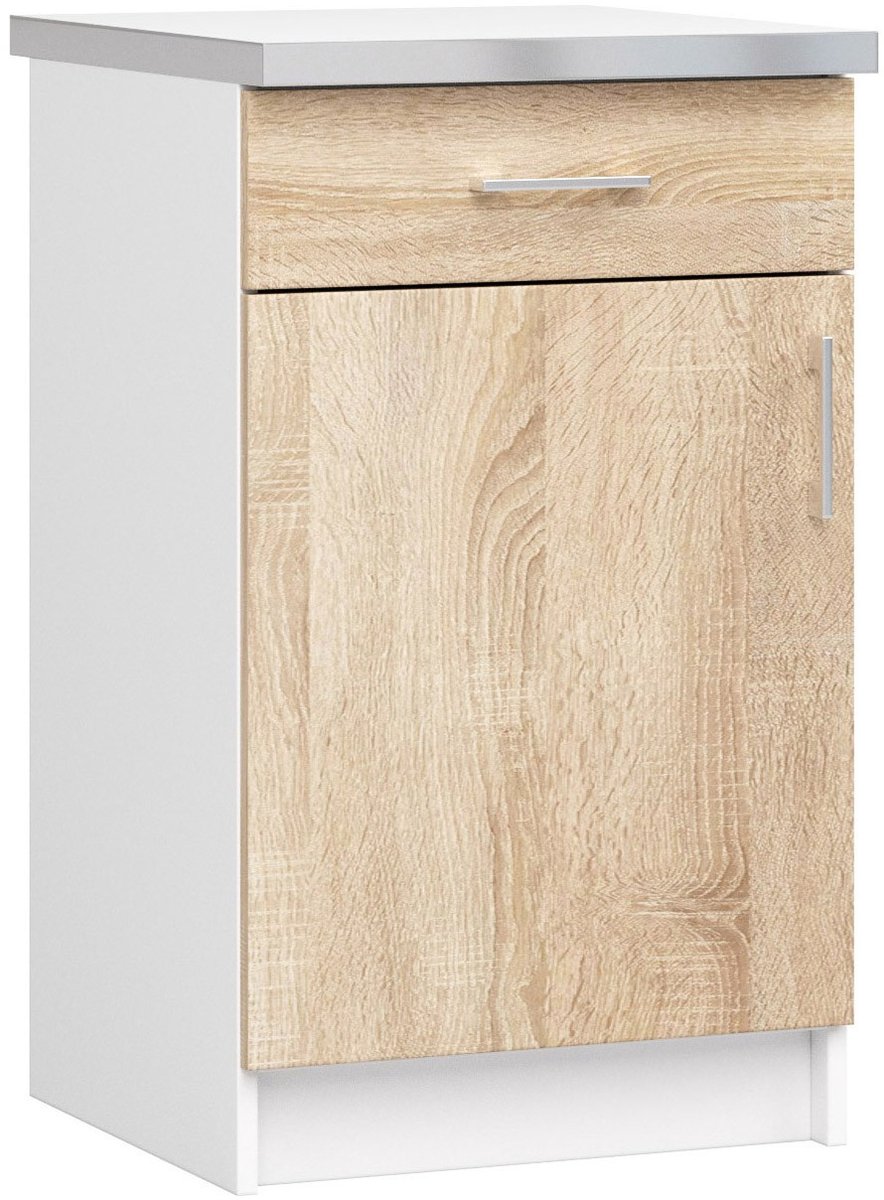 Keukenkast modulaire LIMA S50 met Verkblad / Onderkast met 1 Deur en 1 Lade / AKORD Furniture Factory / Wit - Sonoma Eik / 50 x 82 x 44,5 cm