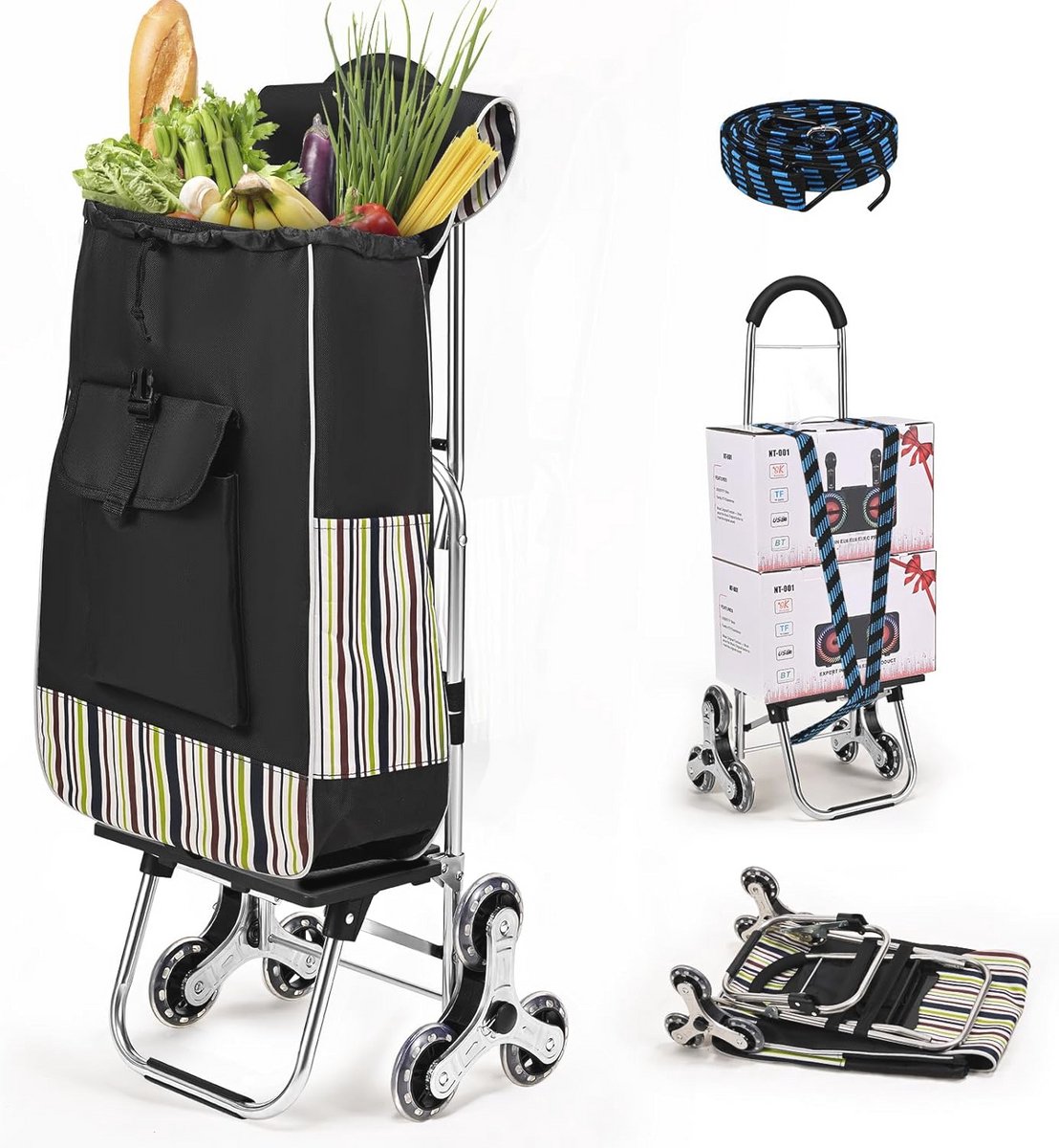 Boodschappentrolley - Winkelwagen op wielen - Boodschappen vervoeren - 6 trapklimmende wielen - 32 liter capaciteit - Zwart