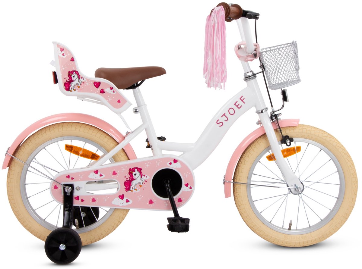 SJOEF Dolly Meisjesfiets 16 inch Wit - Unicorn - Kinderfiets met zijwieltjes 4, 5 & 6 jaar - Fiets 16 inch