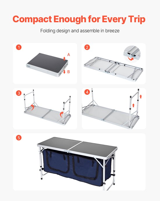 Opvouwbare Camping Keukentafel - Outdoor Kooktafel met 3 verstelbare hoogtes, lichtgewicht draagbaar aluminium kookstation met opbergvak en draaggreep — afbeelding 4