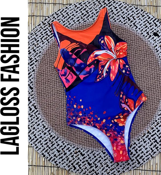 Maillot de bain LaGloss® Blauw à motif floral rouge – Col rond – Push-up et bonnets amovibles – Taille L
