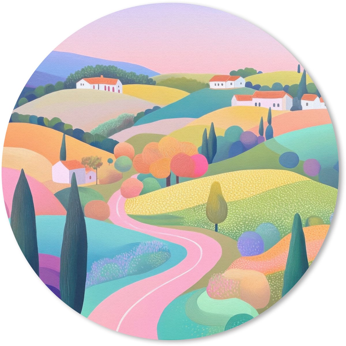 Muismat rond 40x40 cm - Mousepad Landschap - Paars - Pastel - Huizen - Ronde muismatten