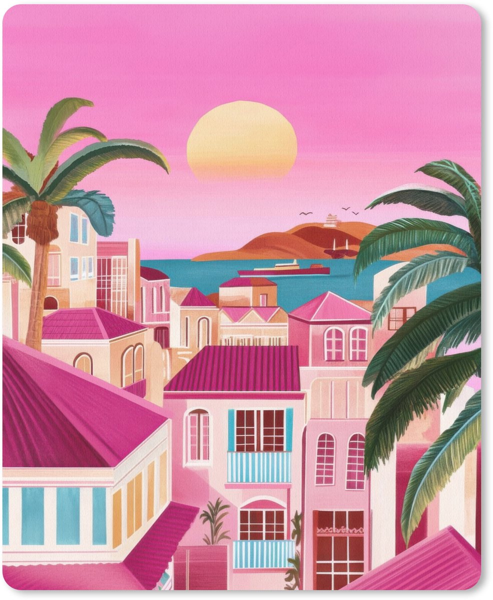 Muismat 19x23 cm - Mousepad Stad - Roze - Palmbomen - Muismatten
