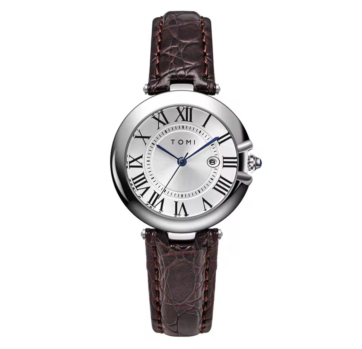 Tomi Luxe Horloge Zilver | Elegante Horloge | 34MM | Bruine Leren band | Zwarte Wijzerplaat | Dames Horloges
