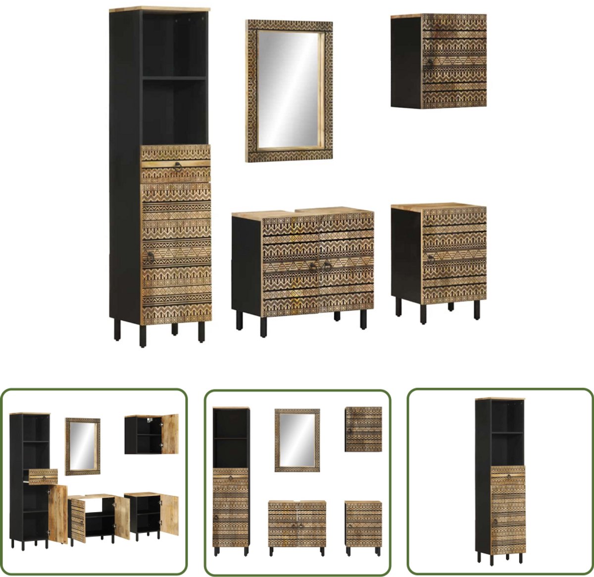 The Living Store 5-delige Badkamermeubelset massief mangohout - Badkamermeubels - Badkamerinrichting - Mangohouten Meubels - Badkameraccessoires - Spiegels