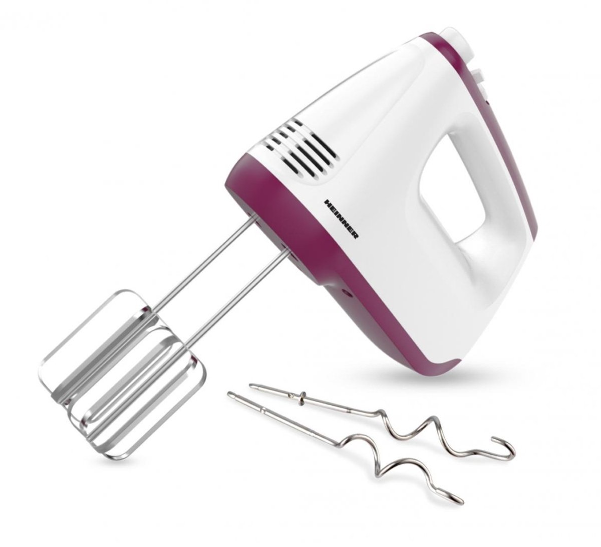 Heinner Handmixer – 400 W – 6 Snelheden + Turbo – 2 RVS Kloppers & 2 Deeghaken – Uitwerpknop – Zelfstaand Ontwerp – Wit/Bordeauxrood