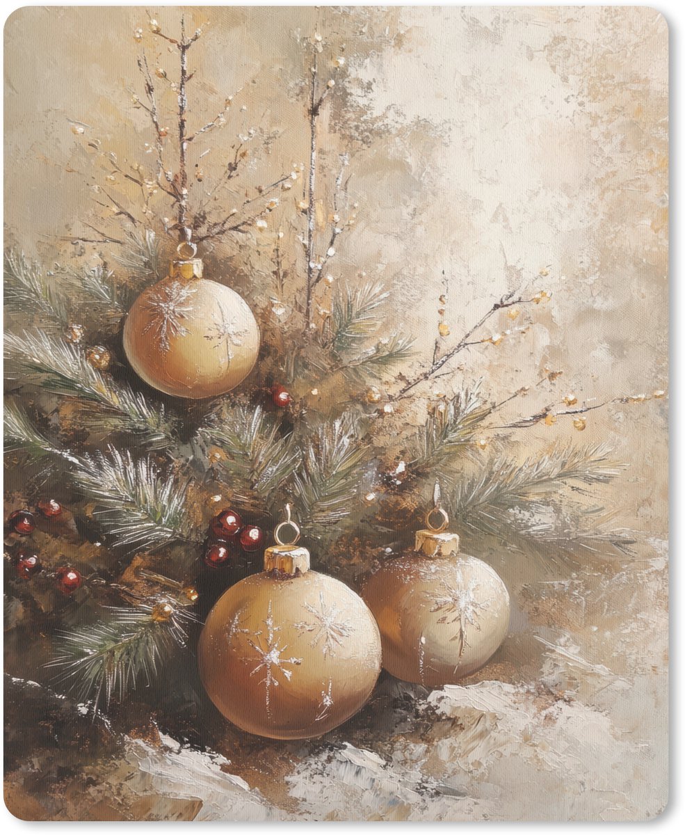 Muismat 19x23 cm - Mousepad Kerst - Kerstballen - Beige - Goud - Muismatten