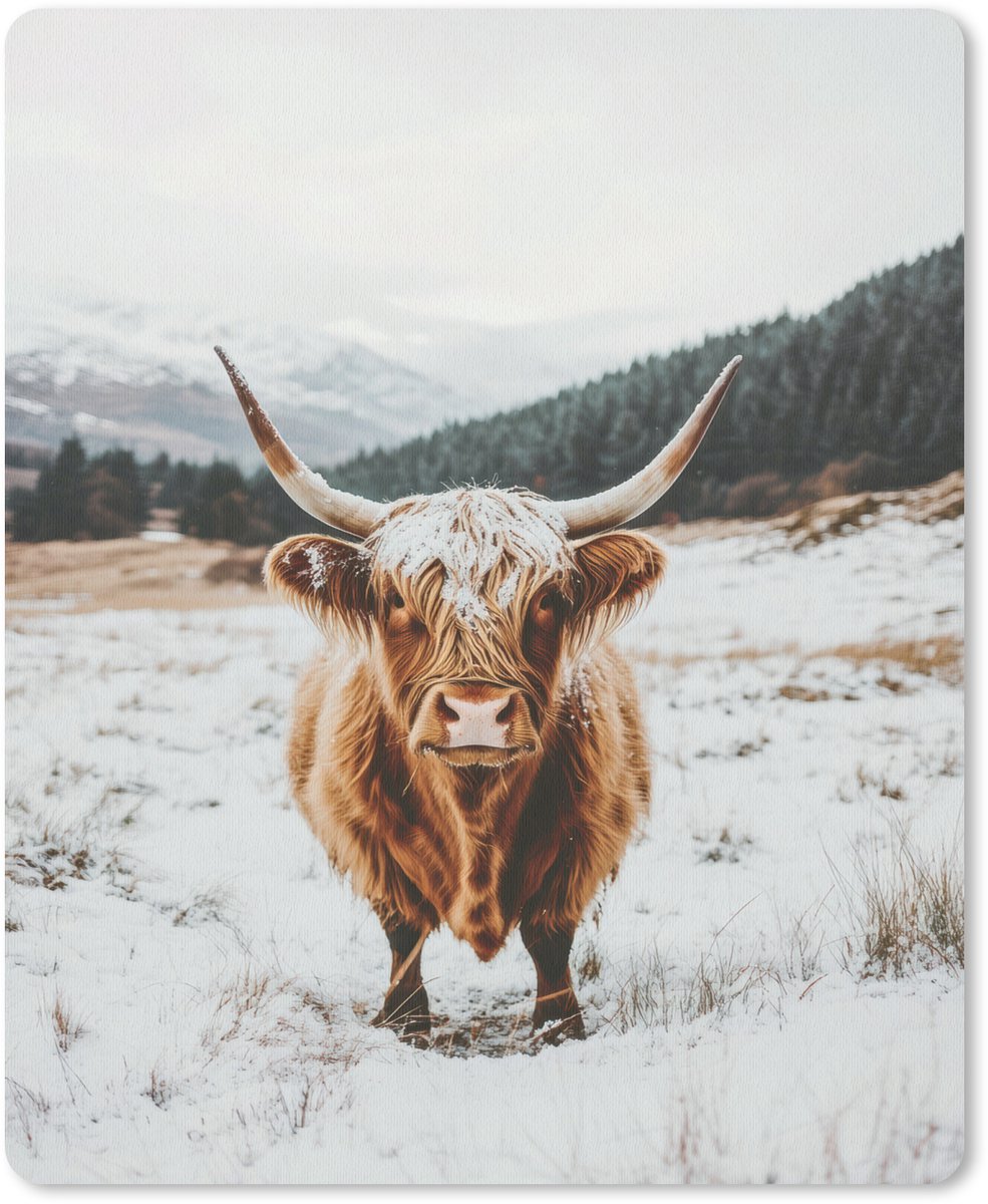 Muismat 19x23 cm - Mousepad Schotse Hooglander - Landschap - Sneeuw - Bergen - Winter - Muismatten