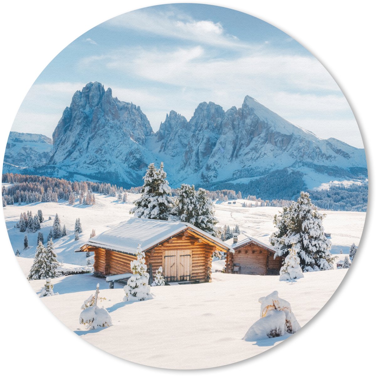Muismat rond 30x30 cm - Mousepad Winter - Huisje - Bergen - Uitzicht - Sneeuw - Ronde muismatten