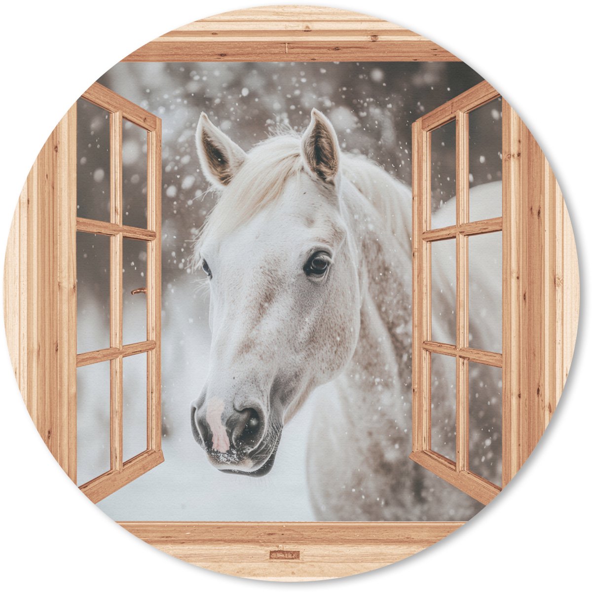 Muismat rond 50x50 cm - Mousepad Doorkijk - Paard - Wit - Winter - Sneeuw - Dieren - Ronde muismatten
