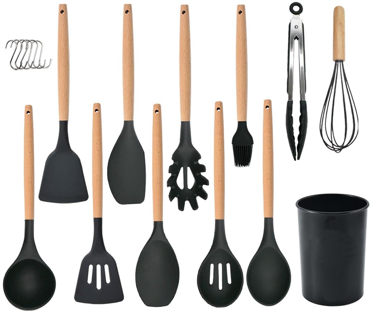 Unyqoos ® Complete Siliconen Keukengerei Set 12-delig met Houten Handvat en Hittebestendige Eigenschappen