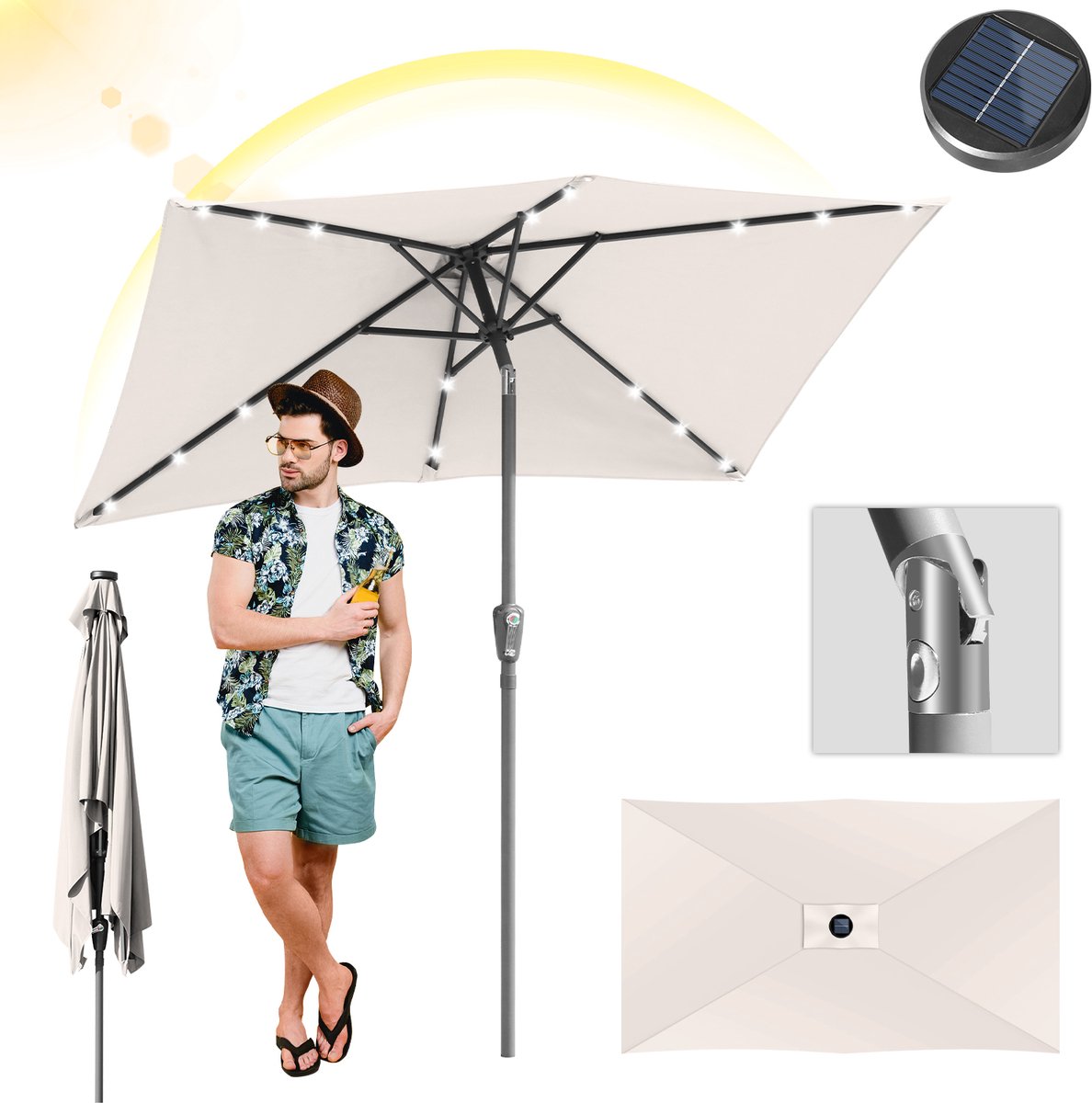 Parasol vierkant - Tuin - Balkonparasol - 210x140cm - 30° Kantelbaar - Waterdicht - LED - Beige