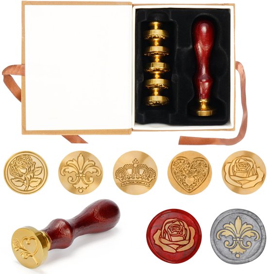 Belle Vous Set de Cachets de Cire Vintage avec Manche Amovible en Cuivre (7 Pièces) - Cachet Rétro avec Manche en Bois - Bloem , Tampons & Kroon - Enveloppes & Faire-part de Mariage
