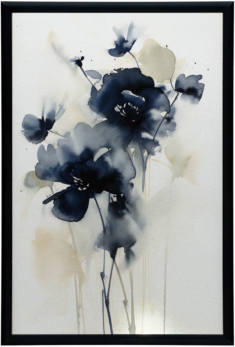Muurposter Donkerblauwe Bloemen In Aluminium Lijst 50X70 Cm