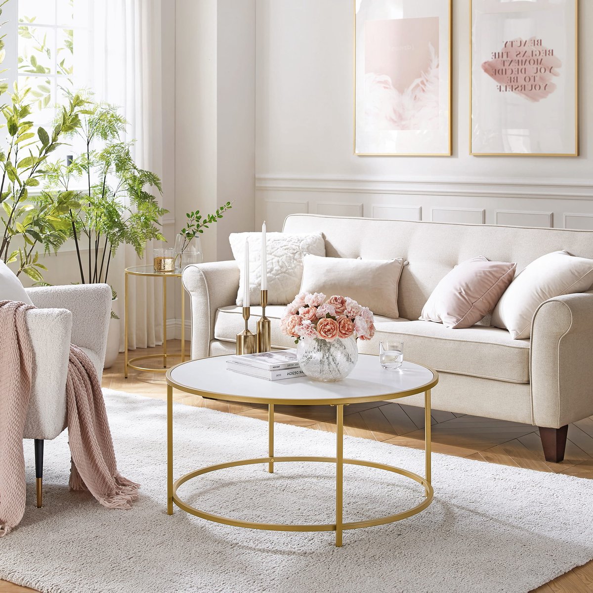 Ronde Salontafel – Ø84 cm – Wit Tafelblad & Goud Stalen Frame – Elegant Design met Verstelbare Poten – 30 kg Draagvermogen