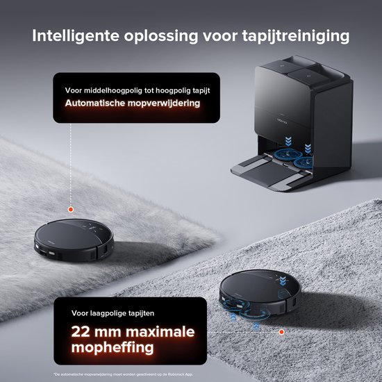Roborock robotstofzuiger reinigt midden- tot hoogpolig tapijt met automatische mopverwijdering.