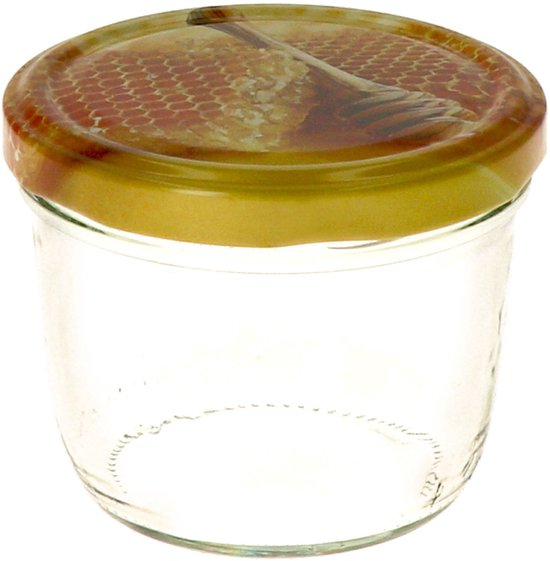 Lege glazen pot met een goudkleurig deksel met honingraat decoratie.