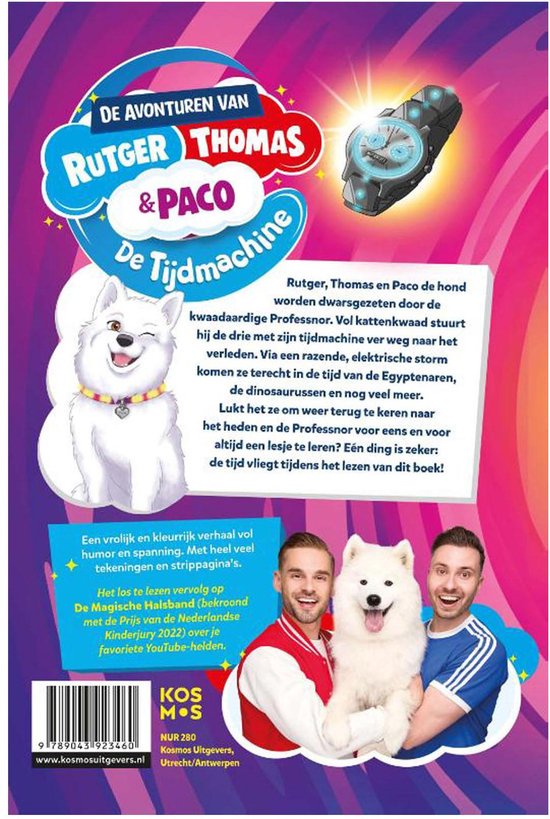 Boekomslag: Rutger, Thomas en hond Paco, met tijdmachine en tekst "De avonturen van Rutger, Thomas & Paco de Tijdmachine".