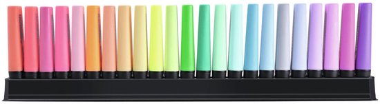 Een rij van 23 STABILO BOSS ORIGINAL ARTY markeerstiften in pastelkleuren, van roze tot paars, in een zwarte houder.