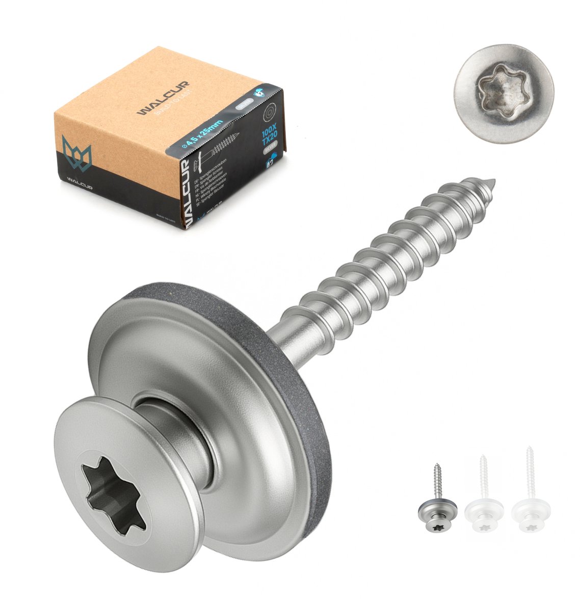 WALCUR Spenglerschroeven 4,5 × 25 mm – RVS Zelfborende Vlonderschroeven met Rubberring – 100 Stuks Torx Dakschroeven, Lekvrij