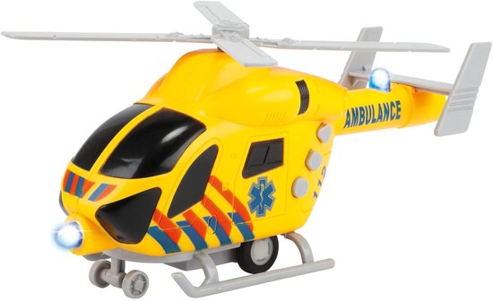 Gele traumahelikopter met blauwe en oranje strepen, blauwe lichten, een blauw kruis en 'AMBULANCE' opschrift.