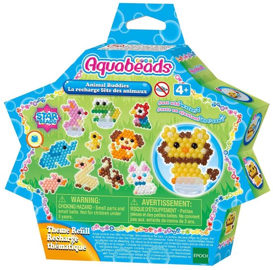 Aquabeads 31915 Thema navulling dierenvrienden 600 parels in 15 kleuren- met 3 handige standaards