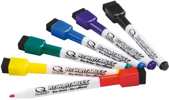 Un set de six marqueurs pour tableau blanc Quartet Rewritables de couleur rouge, jaune, verte, violette, bleue et noire, avec effaceur intégré.