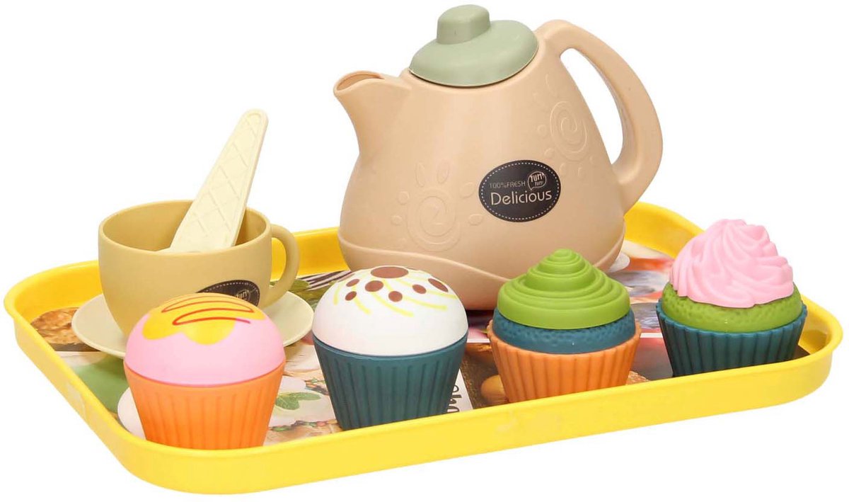 Dienblad speeleten thee en taartjes speelgoedset voor kinderen.