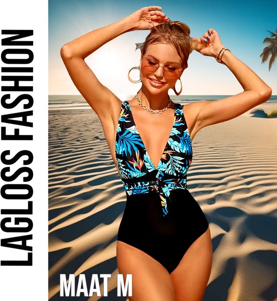 Maillot de bain LaGloss® Zwart Blauw – Imprimé tropical et décolleté en V profond – Maillot de bain femme taille M
