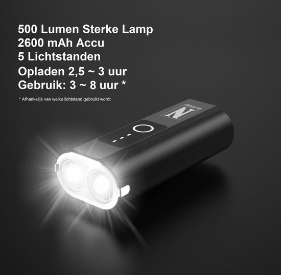 NO-EFFORT Fietsverlichting Set - Fietslamp Voorlicht en Achterlicht - 2600 mAh - USB Oplaadbaar - 500 Lumen –Geschikt voor MTB en Racefiets - Fietslampjes Voor en Achter - Waterdicht — afbeelding 4