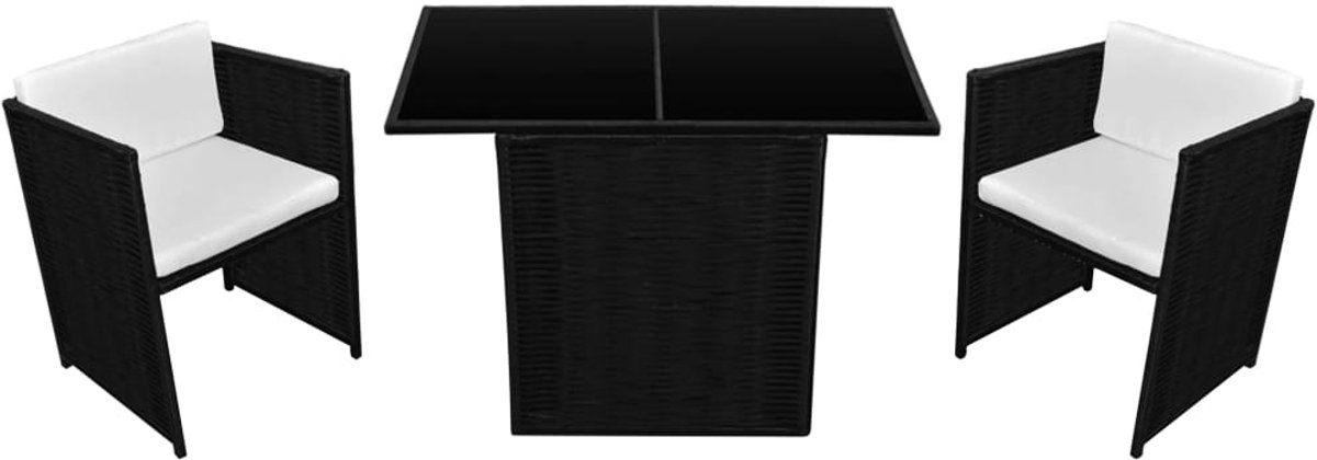 Zwart poly rattan bistroset met kussens voor buiten - The Living Store.