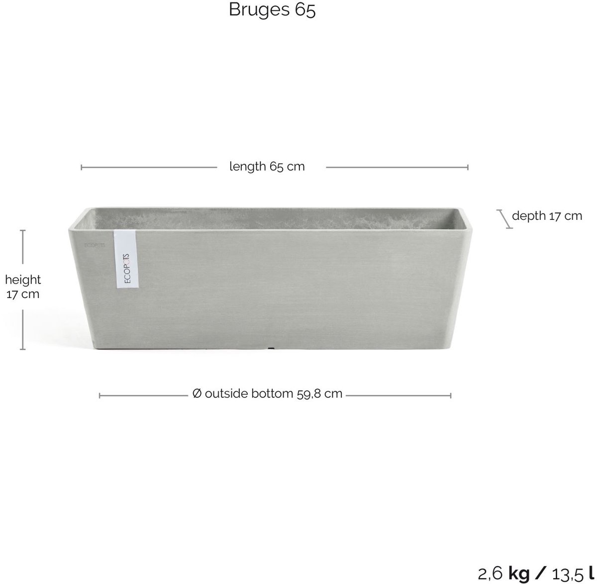 Ecopots Bruges 66 - Blanc gris - 65,3 x 16,3 x H17 cm