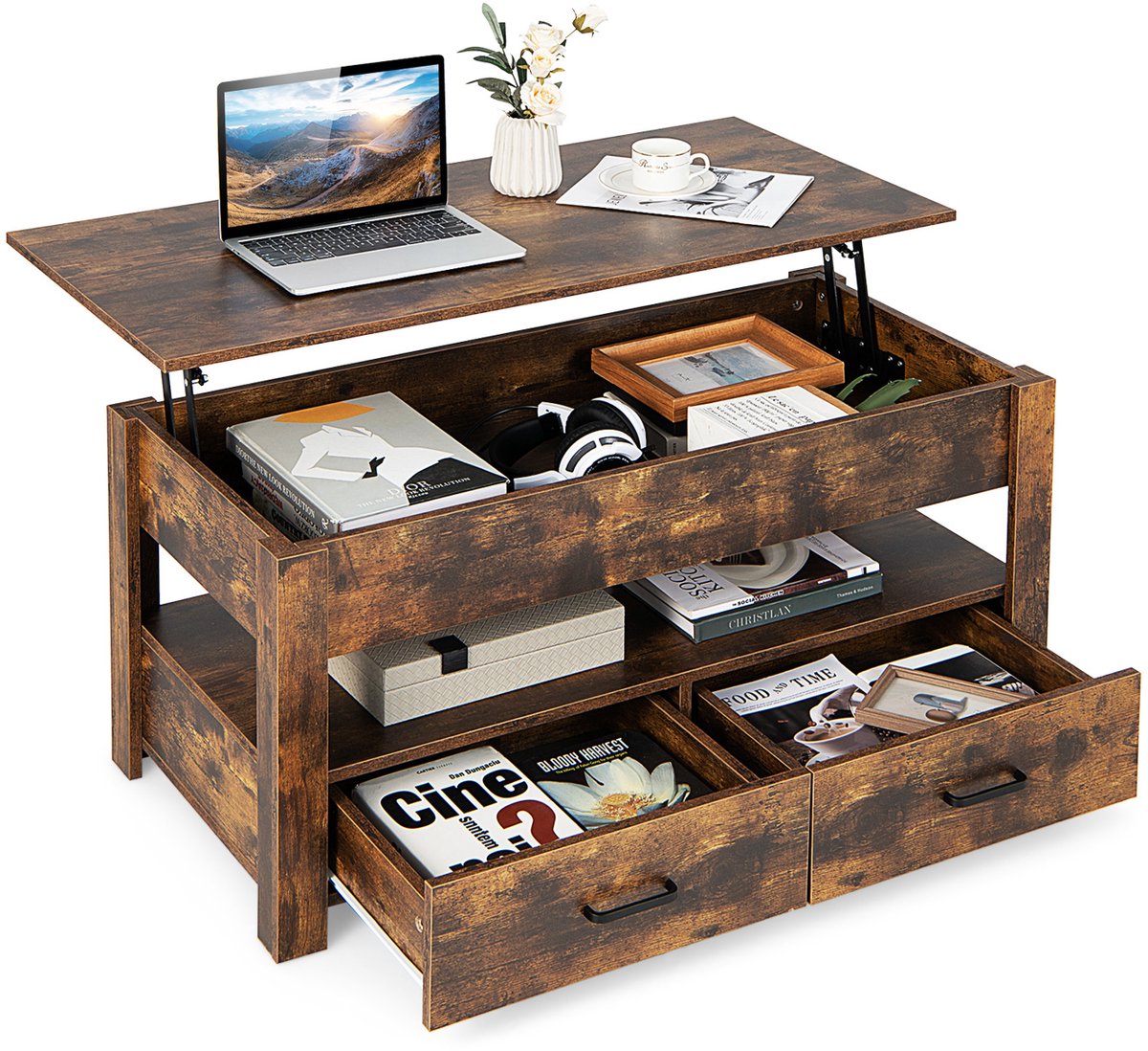Costway Salontafel in hoogte verstelbaar, salontafel met optilbaar tafelblad en 2 laden, uittrekbare woonkamertafel, koffietafel van hout voor woonkamer en kantoor, 106 x 50 x 48 cm Bruin