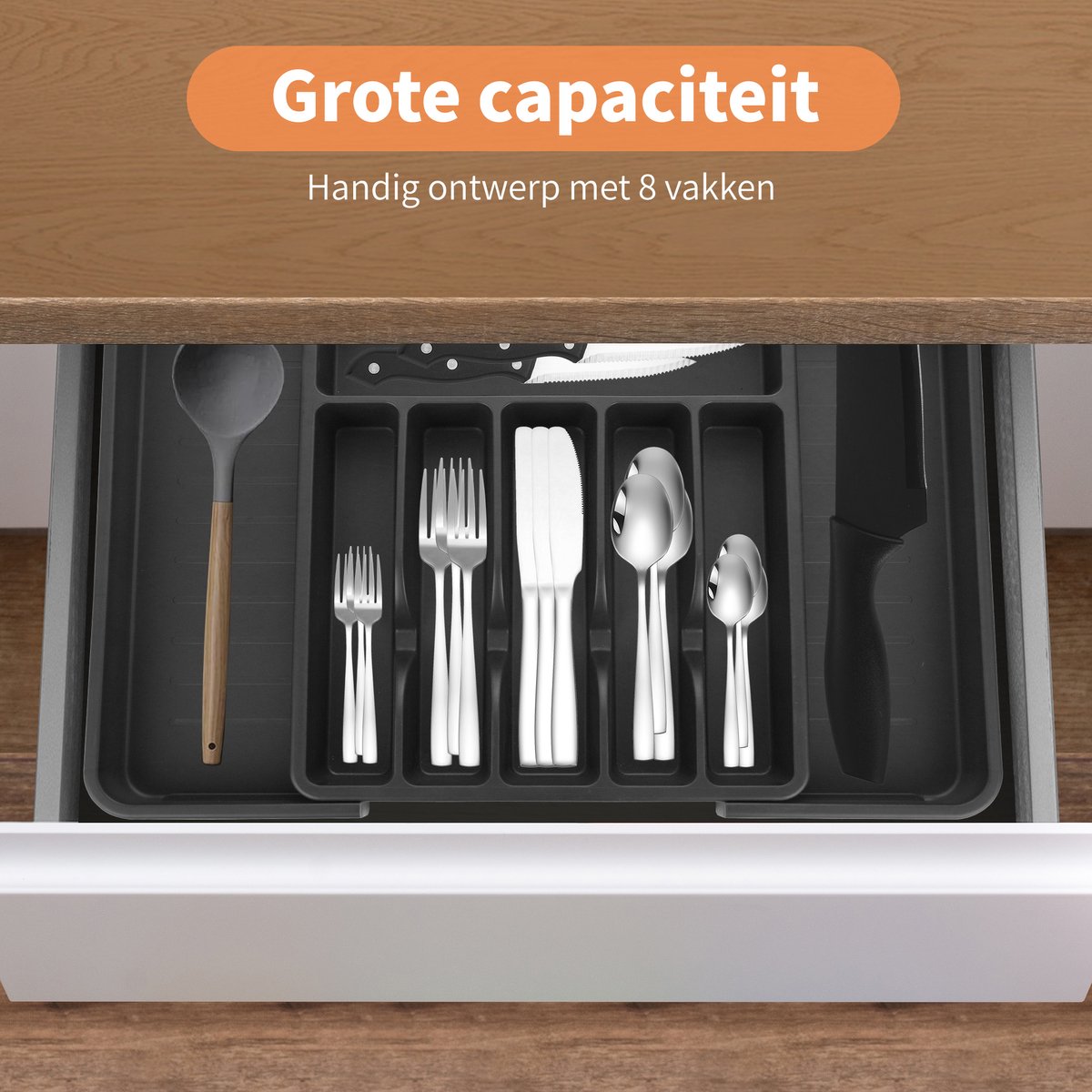 LaCardia Verstelbare bestekbak - Uitschuifbaar, Universeel & Vaatwasser bestendig - besteklade met 8 vakken - Kunststof zwart - 60,5 x 39 cm - Bestekcassette — afbeelding 4