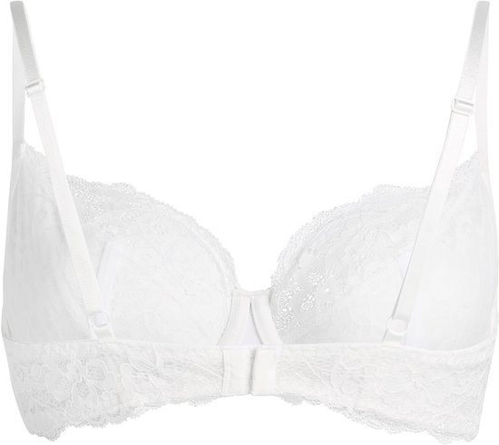 Achterkant van een witte bh met kanten details op de cups en bandjes.