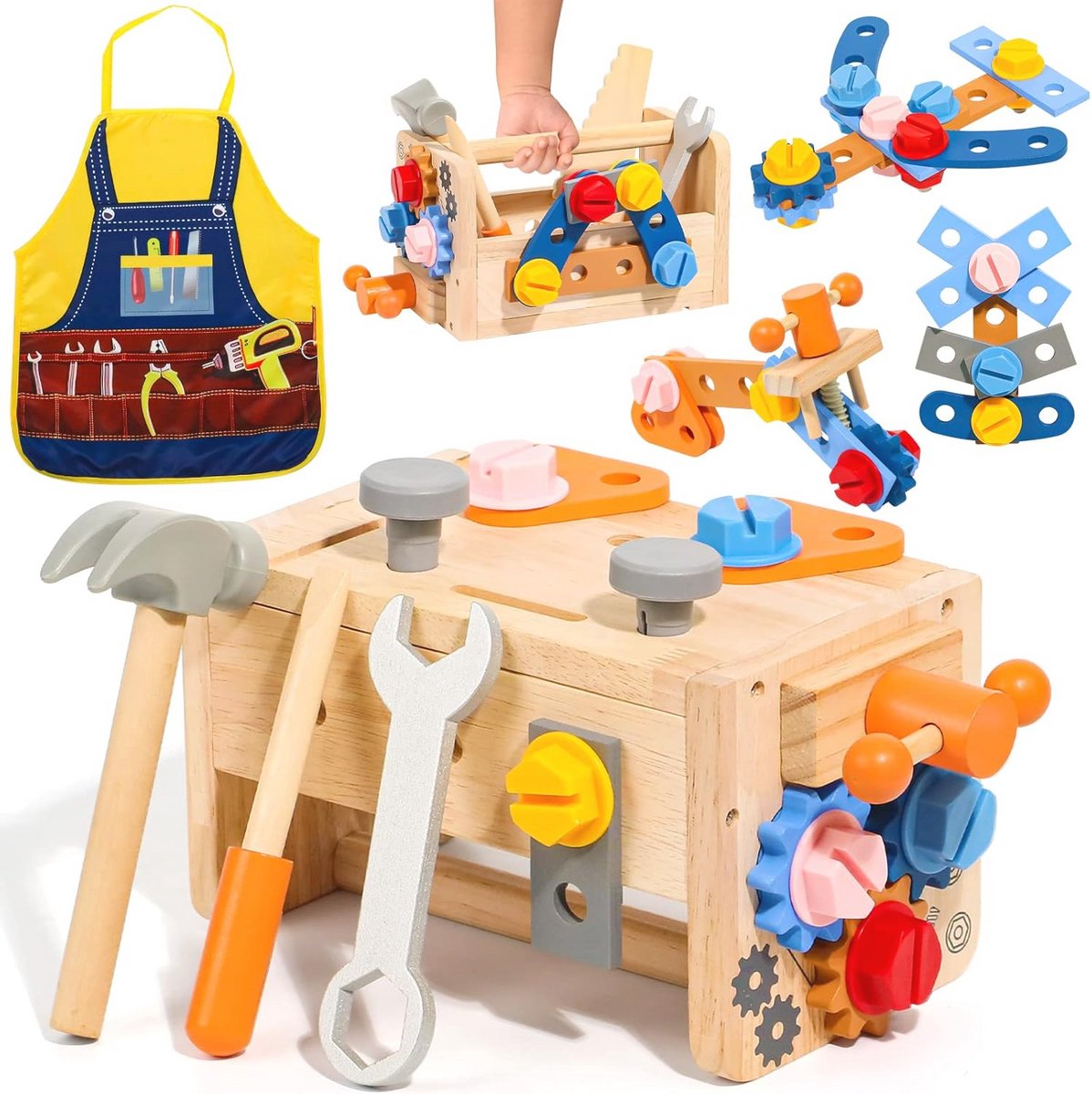 Educatieve Gereedschapskoffer voor Kinderen van Hout - Werkbank met Accessoires voor Jongens en Meisjes, Speelgoed voor 2-4 Jaar