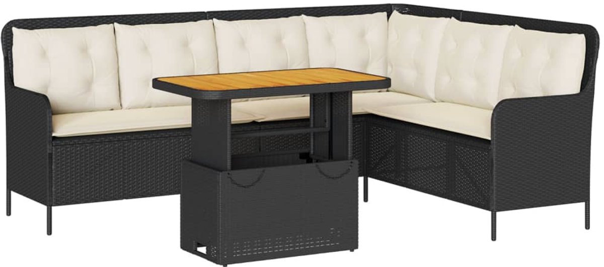 Zwarte poly rattan loungeset met kussens voor buiten - Tuinmeubel met stoelen.