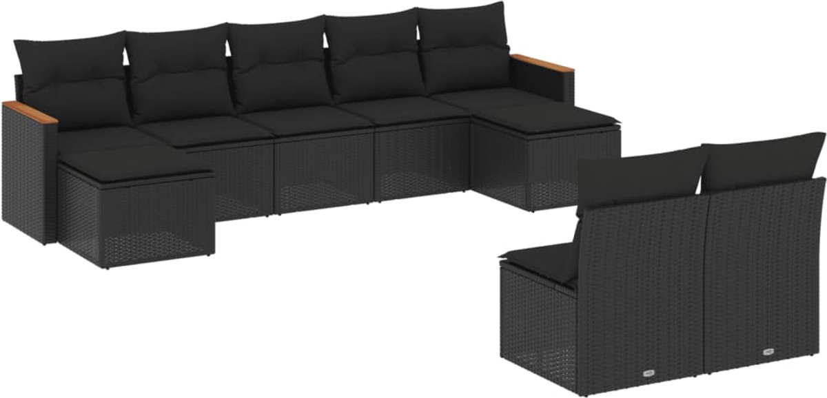 The Living Store 9-delige Loungeset met kussens poly rattan zwart - Loungeset - Tuinset - Lounge - Outdoor Furniture - Garden Furniture