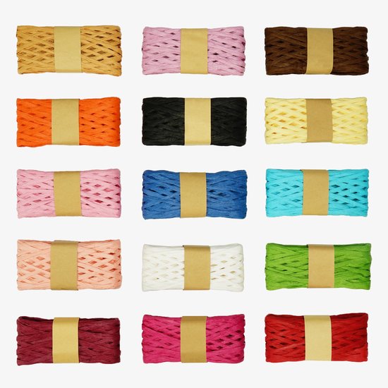 Kurtzy Lot de 15 Rubans en Papier Raphia Assortis - 20 m par Rouleau - Ficelle d'Emballage en 15 Couleurs - Corde en Papier, Idéal pour Emballage, Décoration DIY , Bouquets de Fleuristes, Tissage, Arts et Hobby