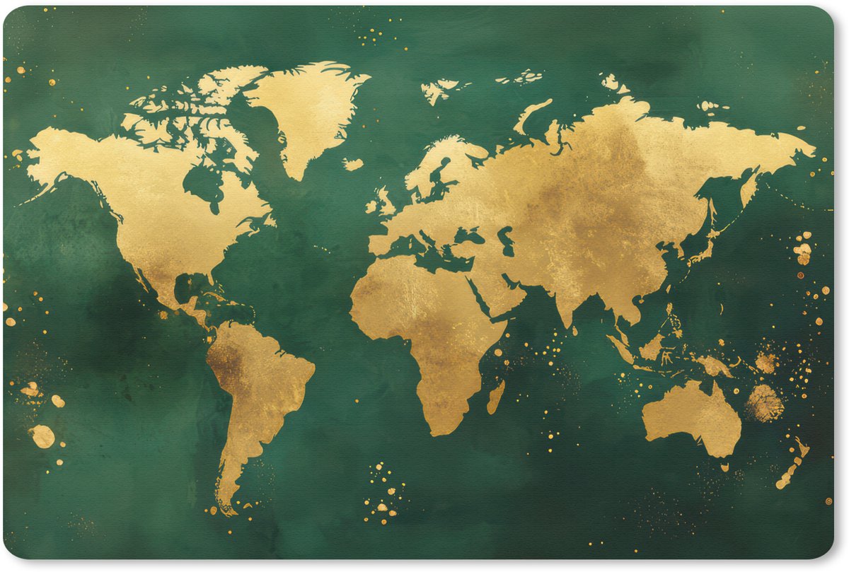 Muismat 27x18 cm - Mousepad Wereldkaart - Groen - Goud - Muismatten