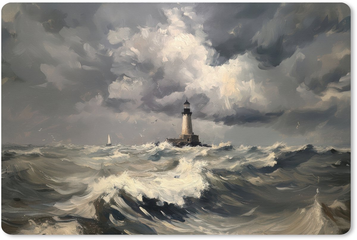 Muismat XXL 90x60 cm - Bureau onderlegger - Bureau mat Vuurtoren - Golven - Storm - Bureaumat - Gaming mousepad xl - Bureaulegger groot - Computer deskmat