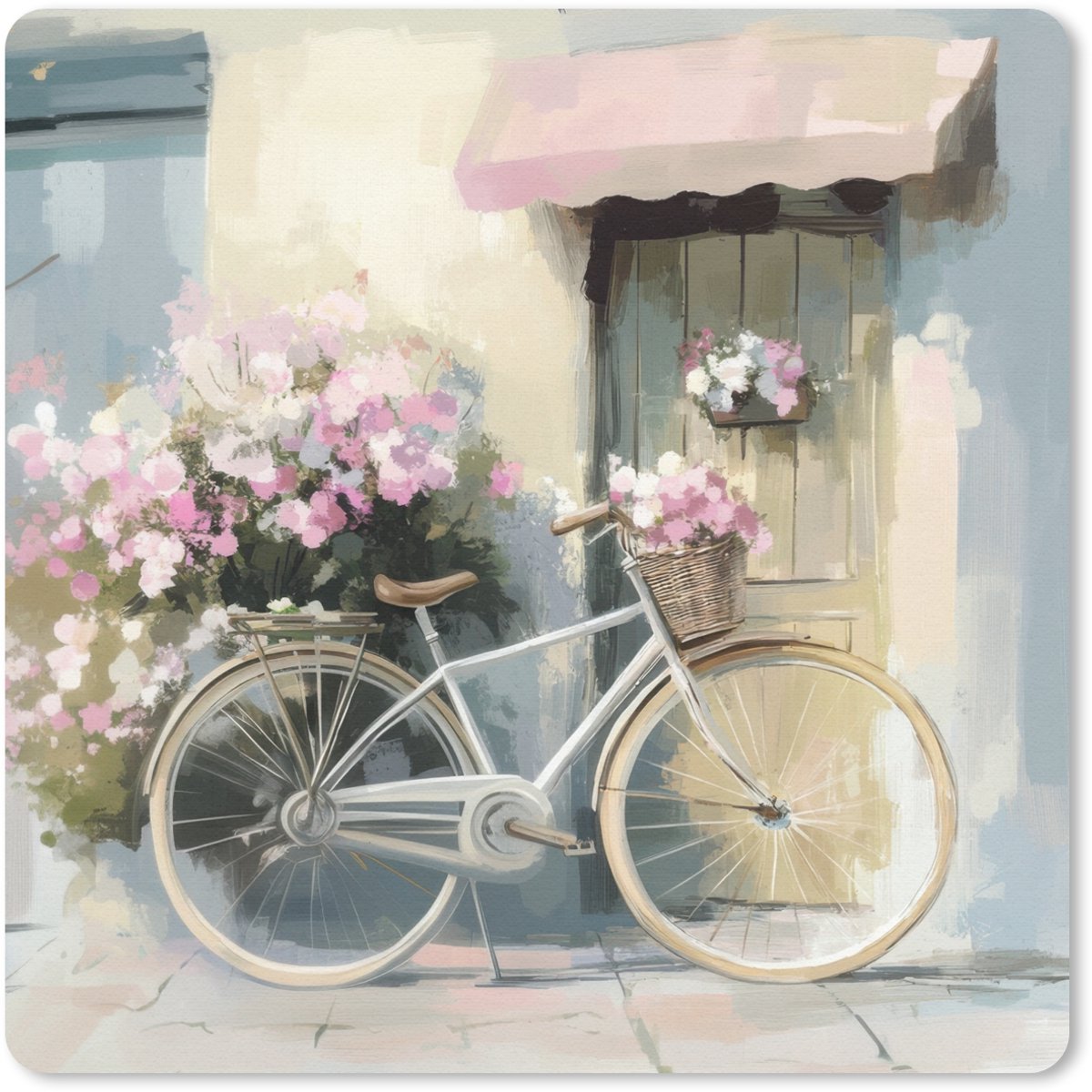 Muismat 20x20 cm - Mousepad Fiets - Pastelkleuren - Bloemen - Muismatten