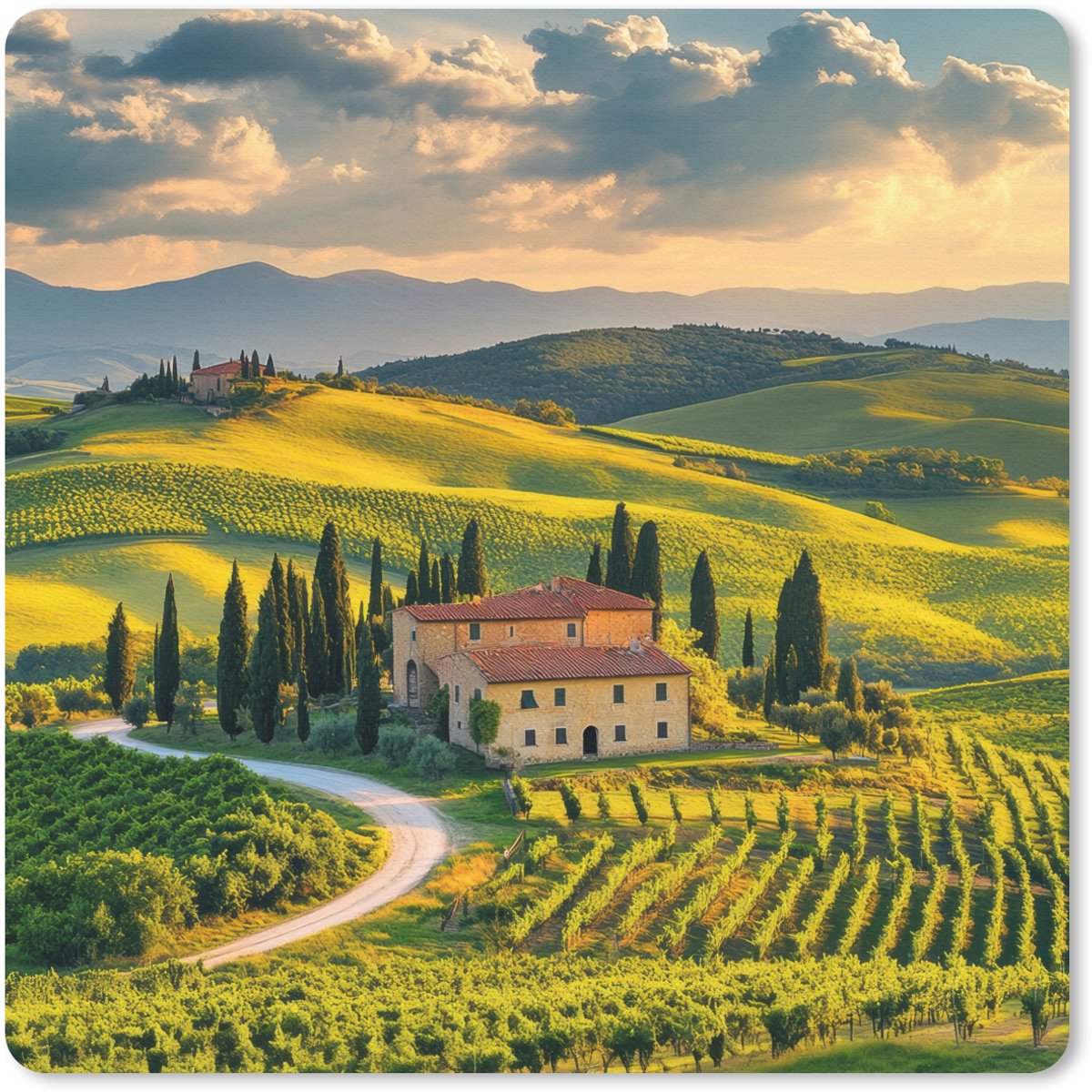 Muismat 30x30 cm - Mousepad Toscane - Landschap - Wijngaarden - Muismatten