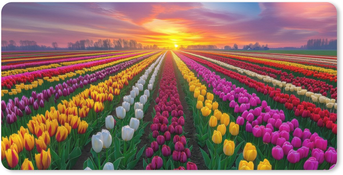 Muismat XXL 100x50 cm - Bureau onderlegger - Bureau mat Tulpenveld - Zonsondergang - Kleurrijk - Bureaumat - Gaming mousepad xl - Bureaulegger groot - Computer deskmat