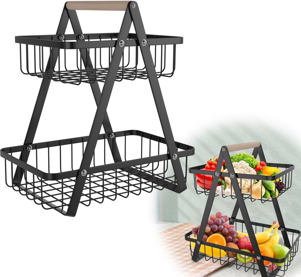 Aufun Fruitmand en broodmand - 2 lagen - Metalen fruitschaal en taartstandaard - 2 niveaus - Voor fruit, groente en snacks in de keuken