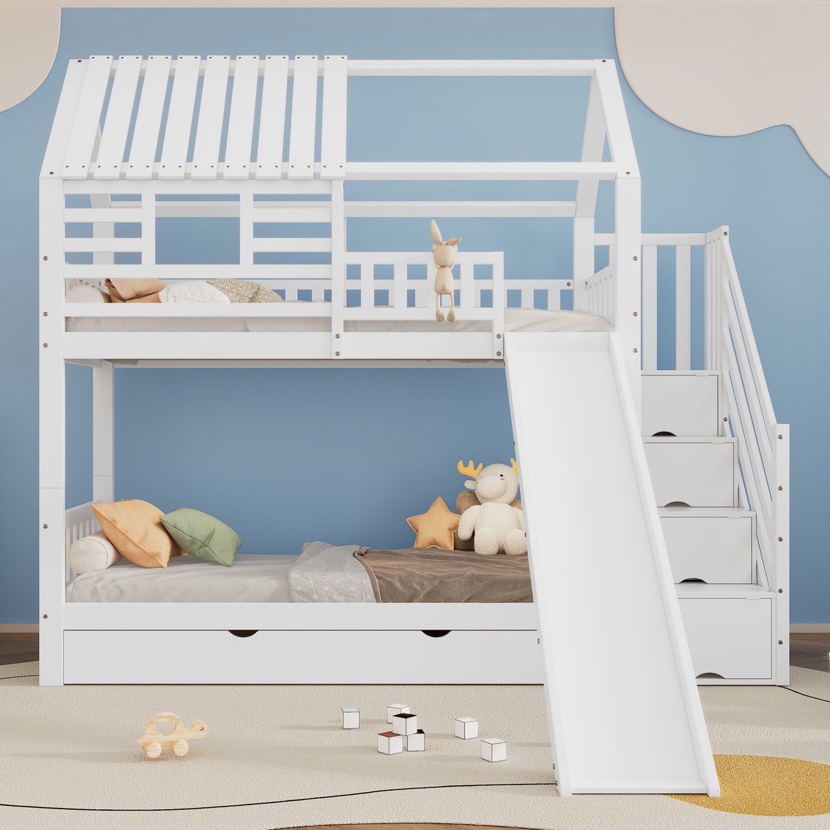 Sweiko Stapelbed met trap en glijbaan, Huisbed, trap met bergruimte, frame van dennenhout en MDF, Kinderbed met raam en dak, met valbeveiliging rooster en lade, Wit, 90x200cm