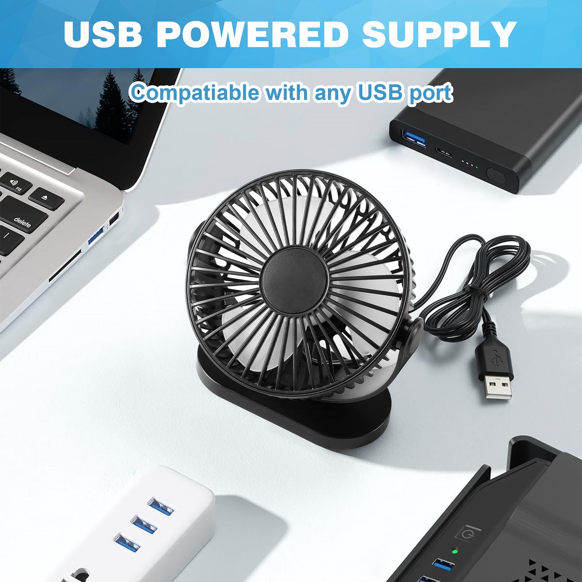 YONO USB Tafelventilator – Stil - Kantelbaar – 3 Snelheden – Ventilator Bureau – Koeling – Zwart — afbeelding 3