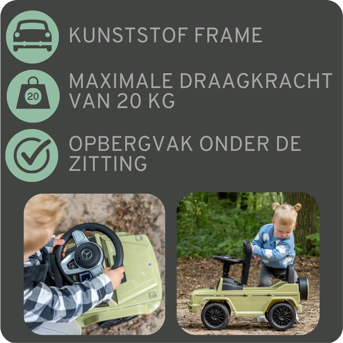 Bandits & Angels Loopauto Mercedes Benz G350D Retro Groen met Claxon vanaf 1 jaar voor Jongens en Meisjes - Stimuleert Motorische Vaardigheden - Loopwagen 24 cm - Groene Loop Auto — afbeelding 15