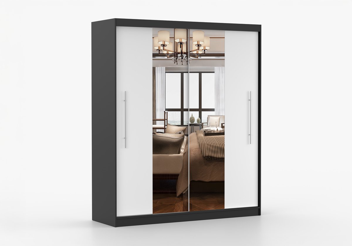 Kledingkast NICO I 203 cm - 2-deurs schuifdeurkast met spiegel en kledingstang - Garderobekast met ruime opbergruimte - Moderne kast voor slaapkamer en hal (Zwart + Wit)