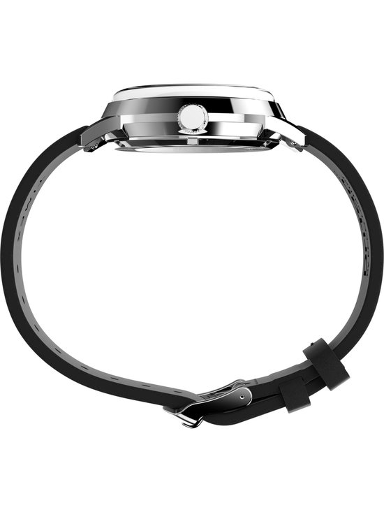 Zijprofiel van een Timex horloge met zwarte leren band en zilverkleurige kast.